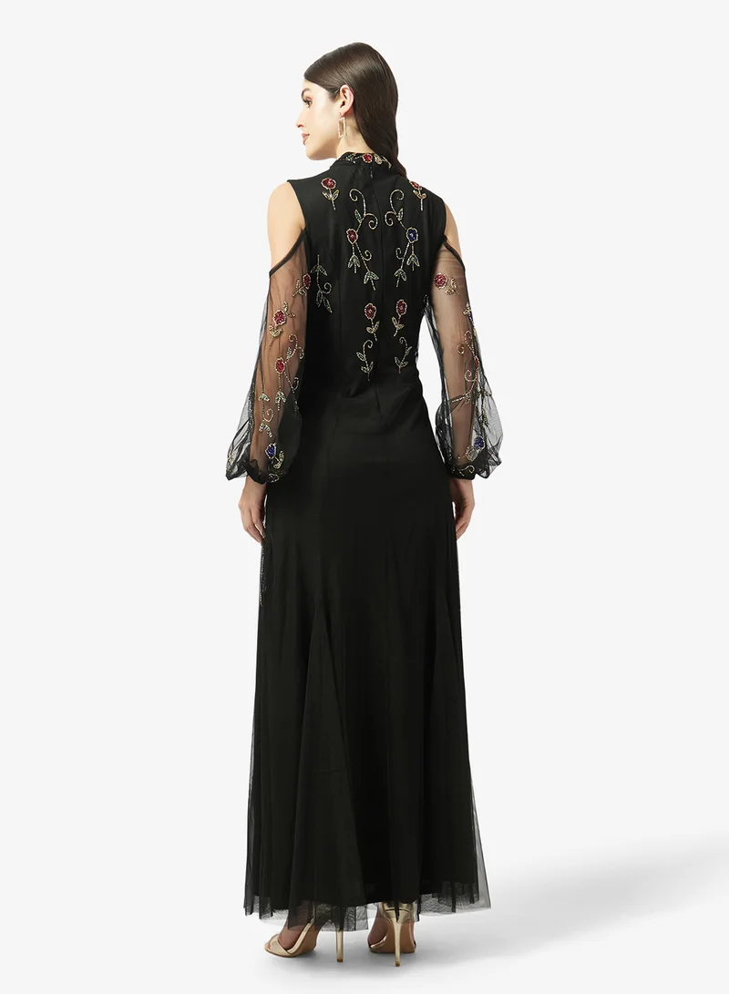 Frock and Frill Embroidered Crew Neck Cold Shoulder Maxi Dress